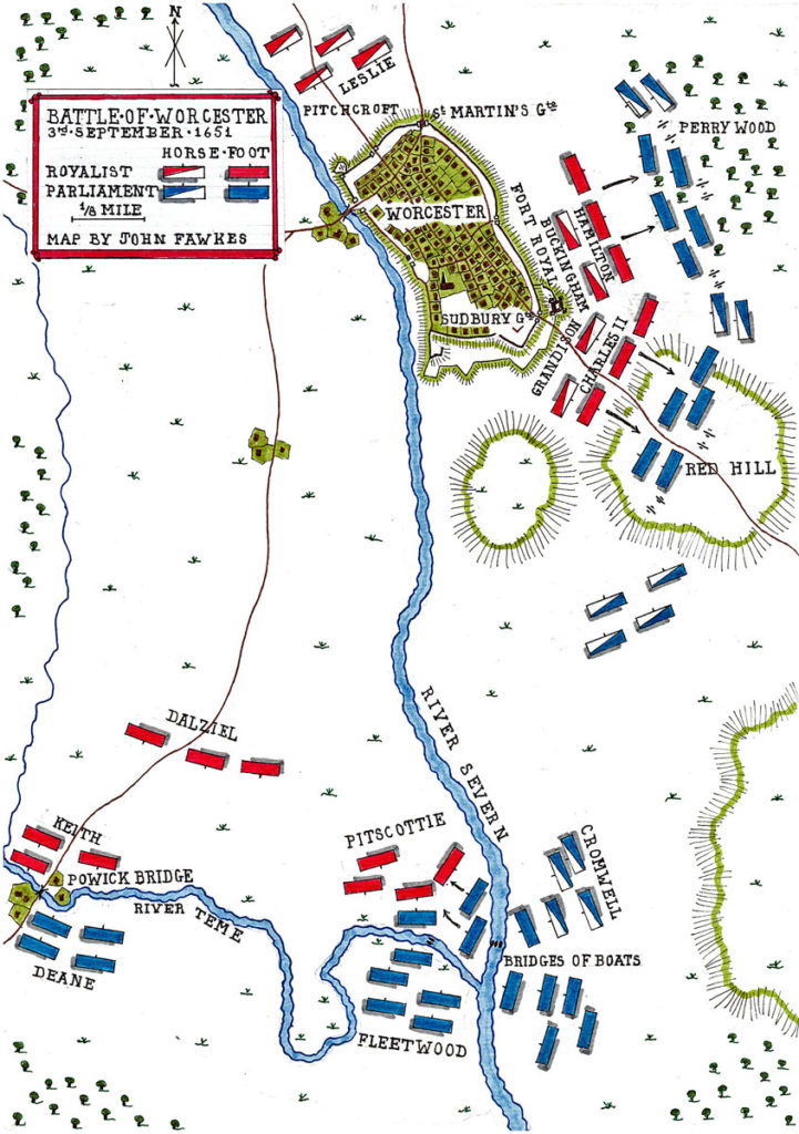 Map of the Battle of Worcester on 3rd September 1651 in the English Civil War: battle map by John Fawkes