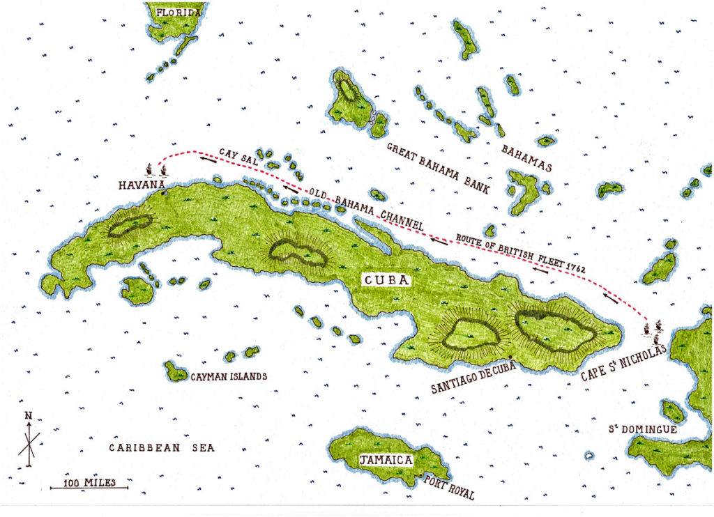Map of Cuba showing the approach route of the British Fleet to Havana from Cape St Nicholas: Capture of Havana in August 1762 during the Seven Years War: battle map by John Fawkes
