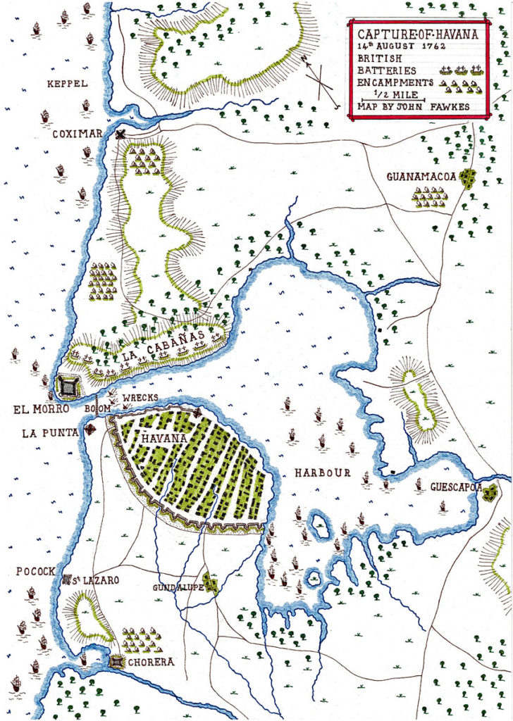 Map of the Capture of Havana in August 1762 during the Seven Years War: battle map by John  Fawkes