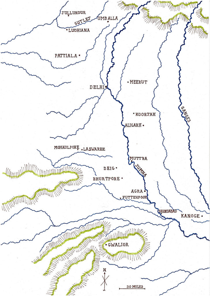 Map of central northern India: Battle of Laswaree on 1st November 1803 in the Second Mahratta War: battle map by John Fawkes