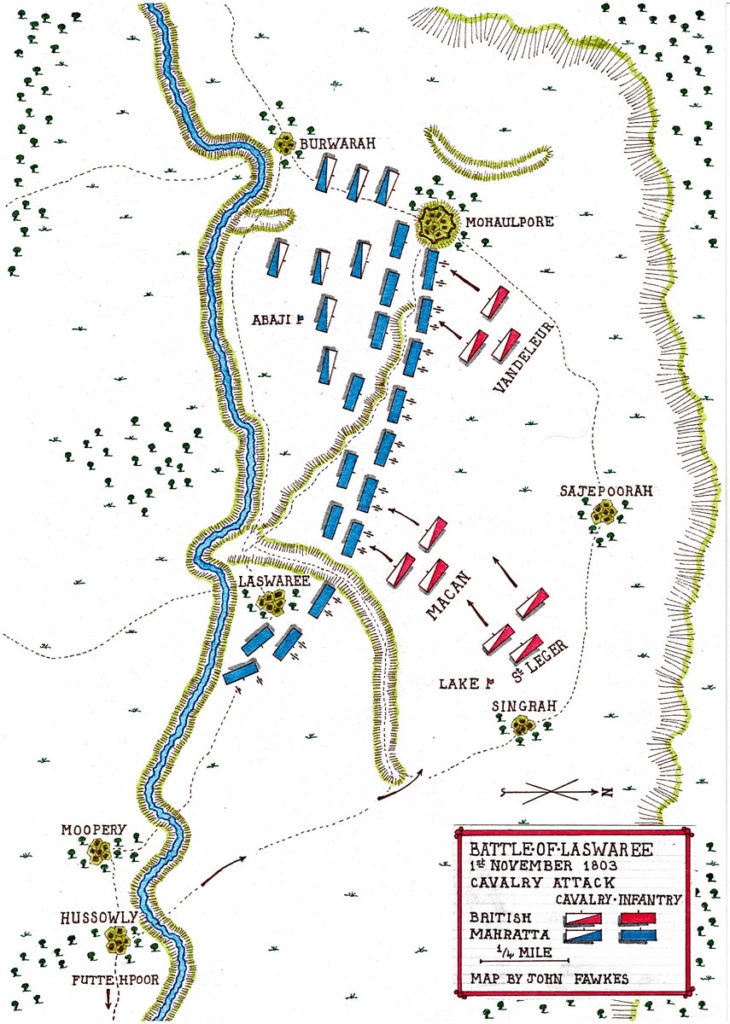 Map of Lake's cavalry attack at the Battle of Laswaree on 1st November 1803 in the Second Mahratta War: battle map by John Fawkes