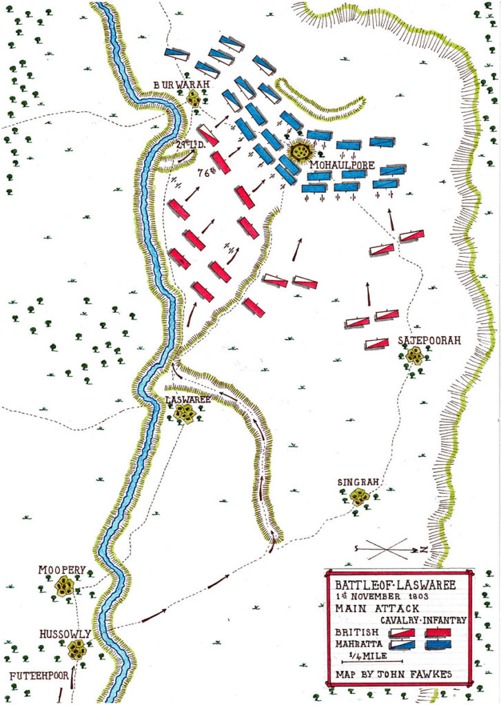 Map of Lake's main attack at the Battle of Laswaree on 1st November 1803 in the Second Mahratta War: battle map by John Fawkes