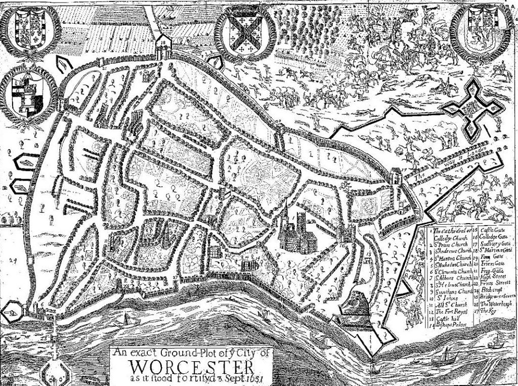 Contemporary plan of the City of Worcester by Vaughan: Battle of Worcester on 3rd September 1651 in the English Civil War