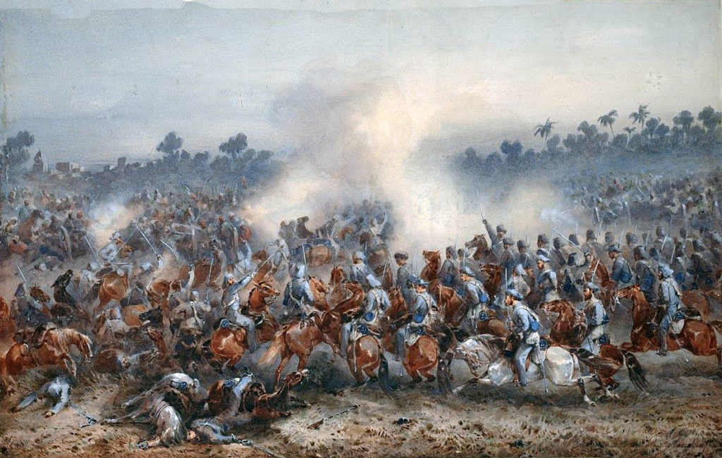 6th Dragoon Guards, Carabiniers, in action: Siege of Delhi September 1857: picture by Orlando Norie
