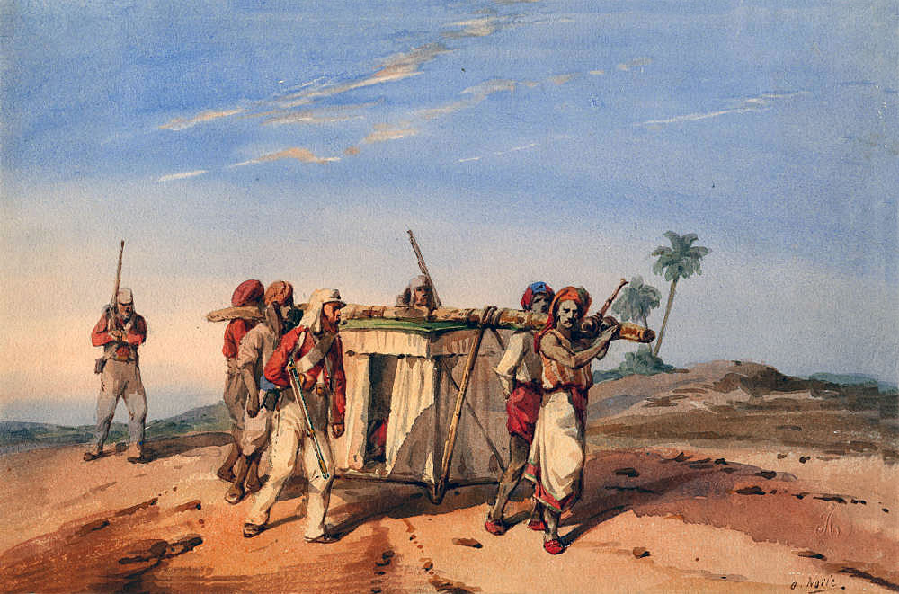 Carrying a wounded officer: Siege of Delhi September 1857: picture by Orlando Norie