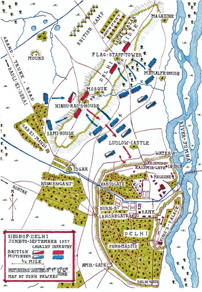 Map of Mutineers' Sorties on 8th 9th 10th and 12th June during the Siege of Delhi 1857: battle map by John Fawkes