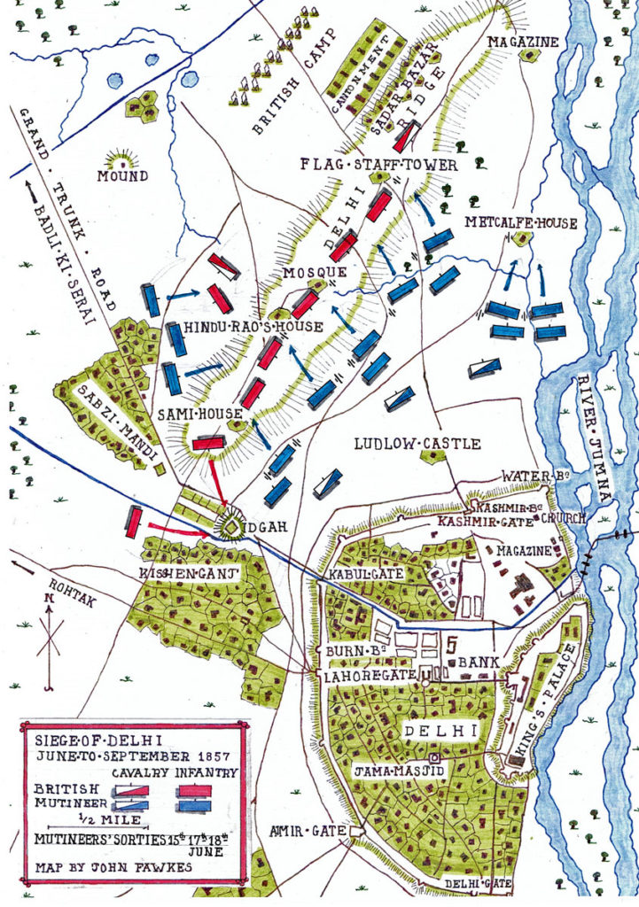 Map of Sorties on 8th 9th 10th and 12th June during the Siege of Delhi 1857: battle map by John Fawkes