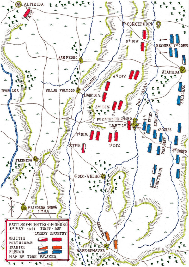 Map of the Battle of Fuentes de Oñoro on 3rd May 1811 (First Day) in the Peninsular War: map by John Fawkes