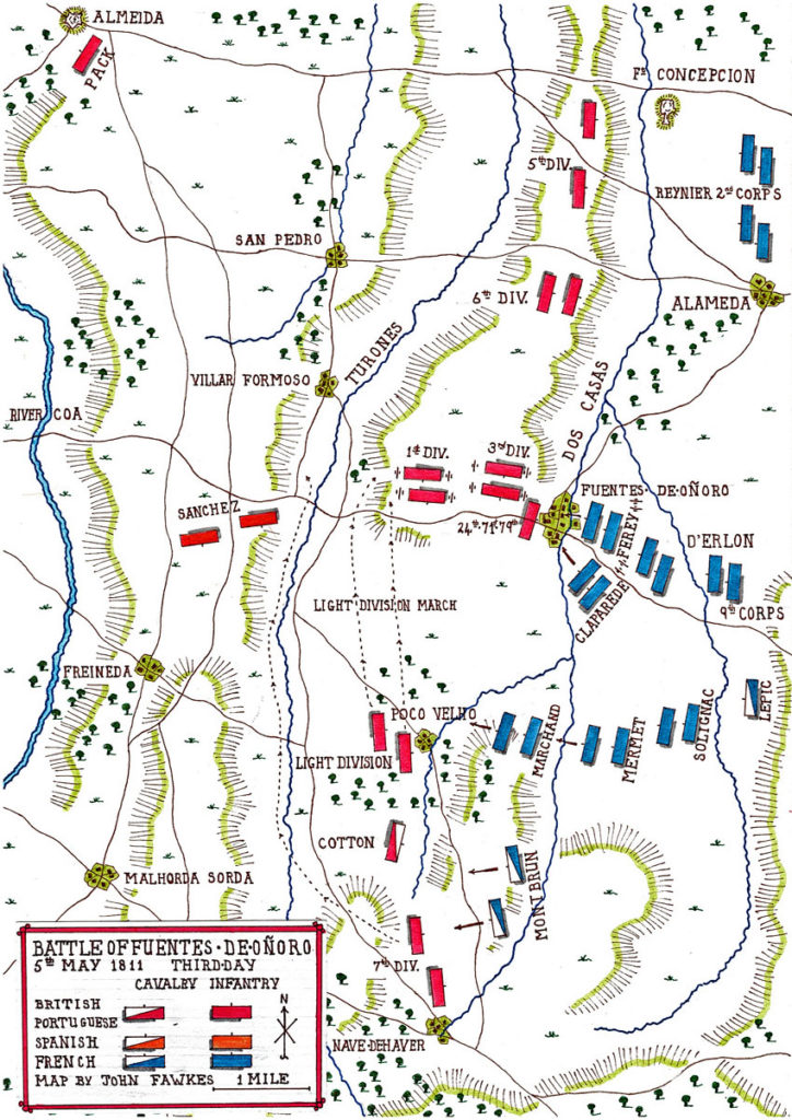 Map of the Battle of Fuentes de Oñoro on 5th May 1811 (Third Day) in the Peninsular War: battle map by John Fawkes