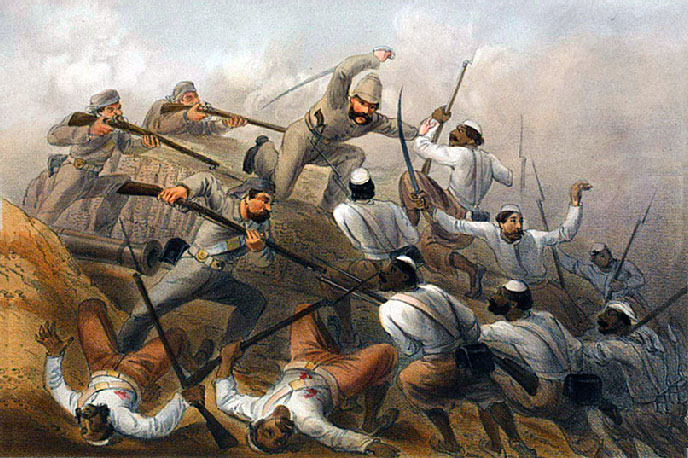 Delhi Field Force repelling a sortie by Mutineers during the Siege of Delhi: picture by William Simpson et al