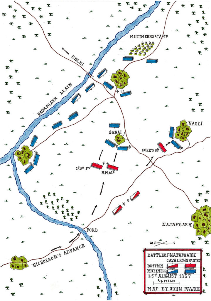Map of the Battle of Najafgarh on 25th August 1857: Siege of Delhi: battle map by John Fawkes