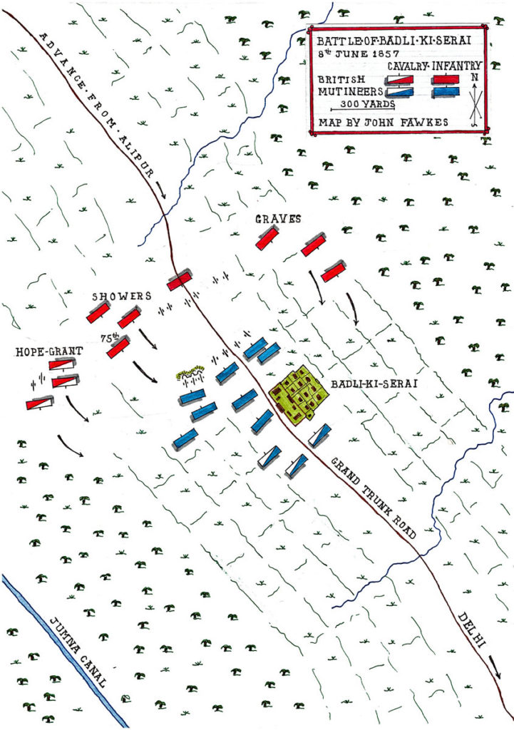 Map of the Battle of Badli-ki-Serai on 8th June 1857: Siege of Delhi in the Indian Mutiny 1857: battle map by John Fawkes