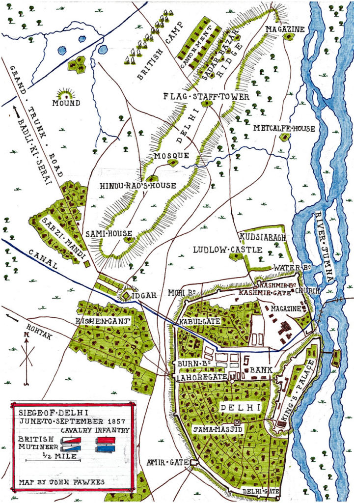 Map of Siege of Delhi 1857 in the Indian Mutiny: battle map by John Fawkes