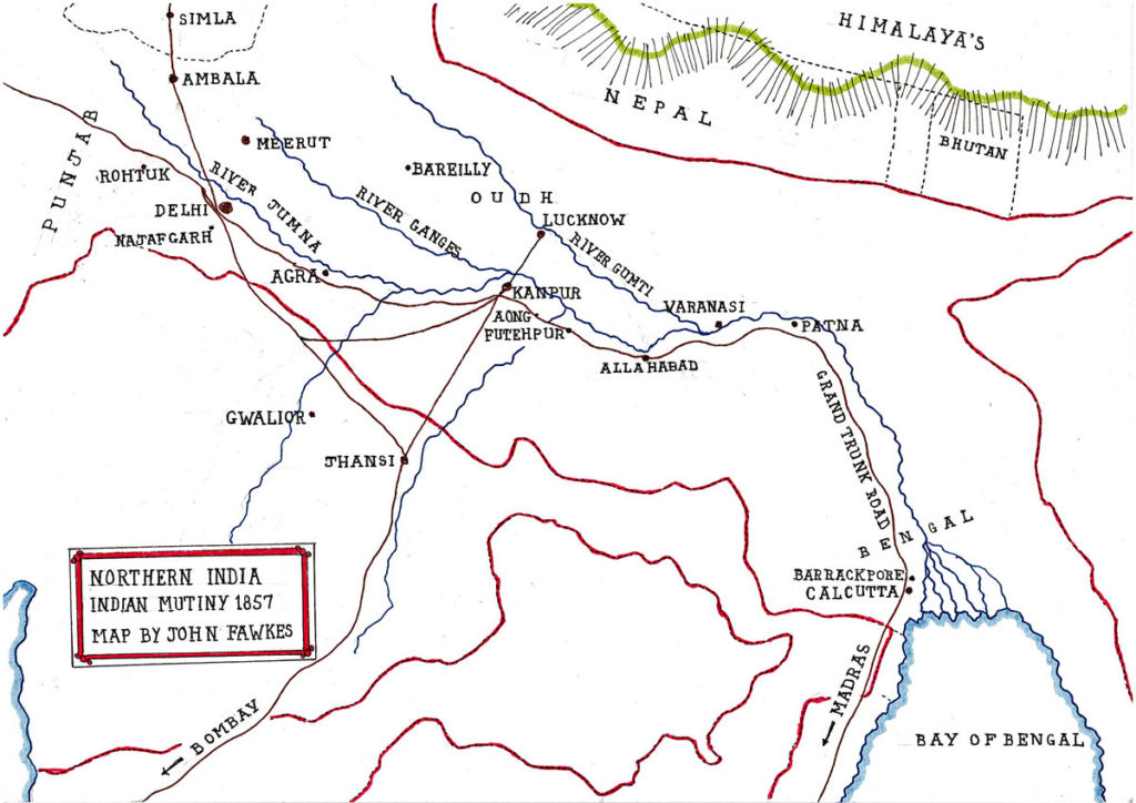 Map of Northern India during the Indian Mutiny in 1857: battle map by John Fawkes