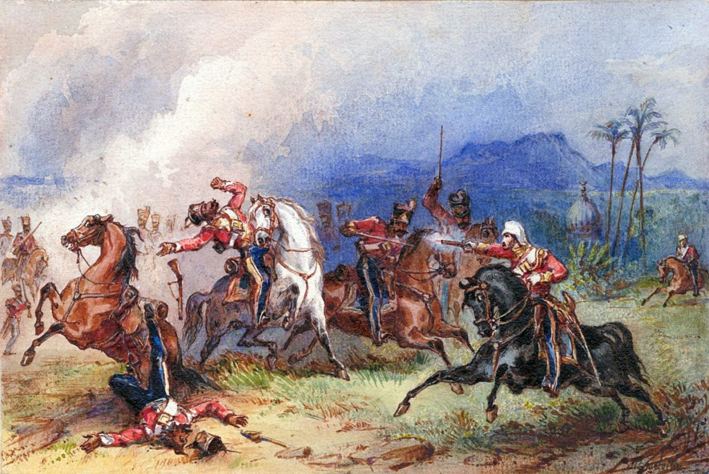 Lieutenant James Hills attacking Mutineer cavalrymen on 9th July 1857 in the Indian Mutiny: Siege of Delhi September 1857