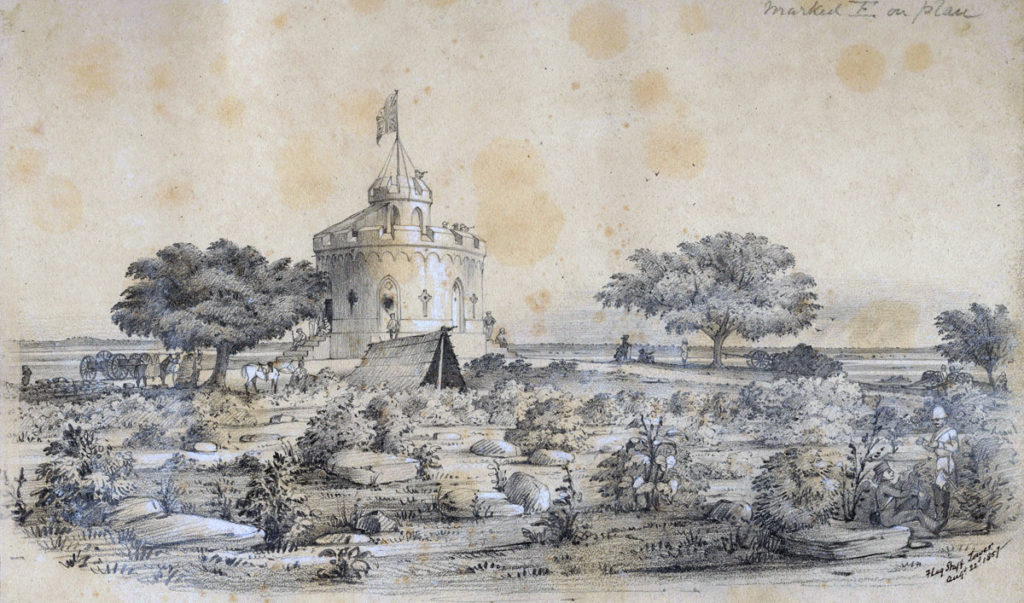 Flagstaff Tower on Delhi Ridge, 22nd August 1857; Siege of Delhi Indian Mutiny 1857: a contemporary sketch